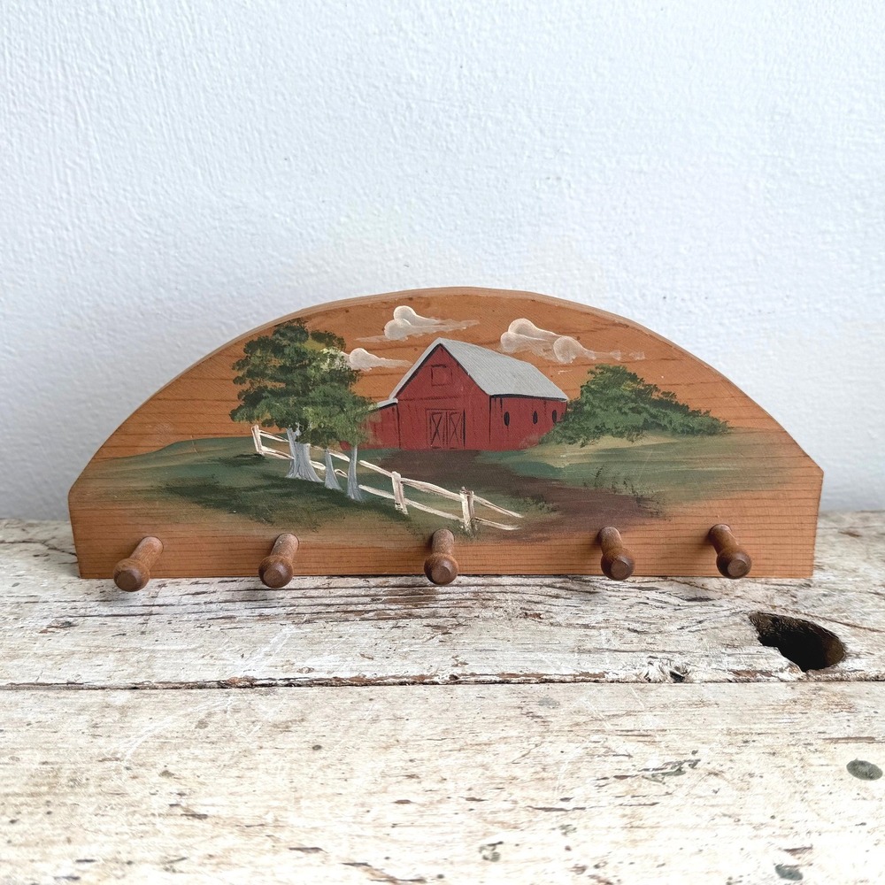 Vintage Hand Painted Wood Barn Wall Rack 5 Peg Key Holder Rustic Farmhouse Decor